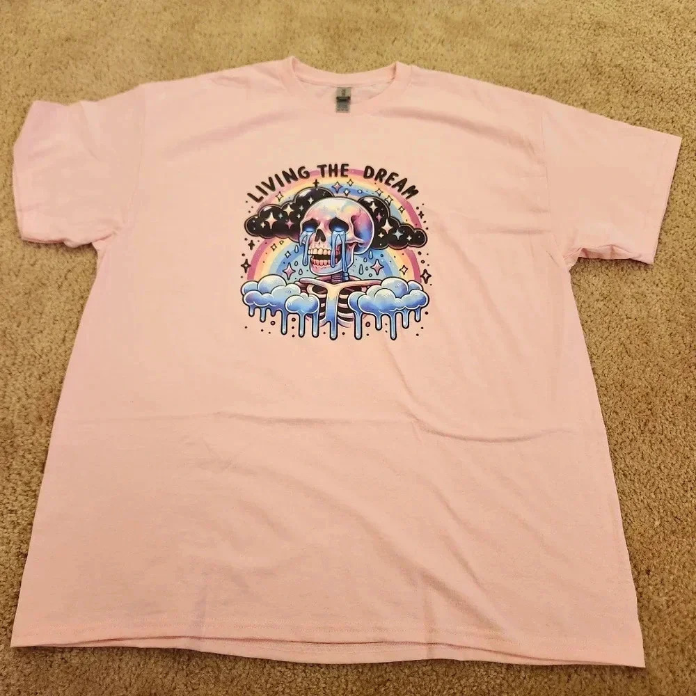 Womens Size XL Pink Short Sleeve Shirt Living The Dream Skull Rainbow #E122